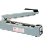 The MH-USA 12 Wide Seal Impulse Sealer is a blue, rectangular device with a black handle, ideal for sealing plastic bags. It includes a control knob on one end and has an information label on the side.