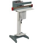 Meet the MH-USA 12 Wide Seal Foot Operated Impulse Sealer, equipped with a sturdy metal stand, foot pedal, and top control panel. Ideal for industrial or commercial use, it showcases a flat sealing surface with a sleek gray body accented in red and black.