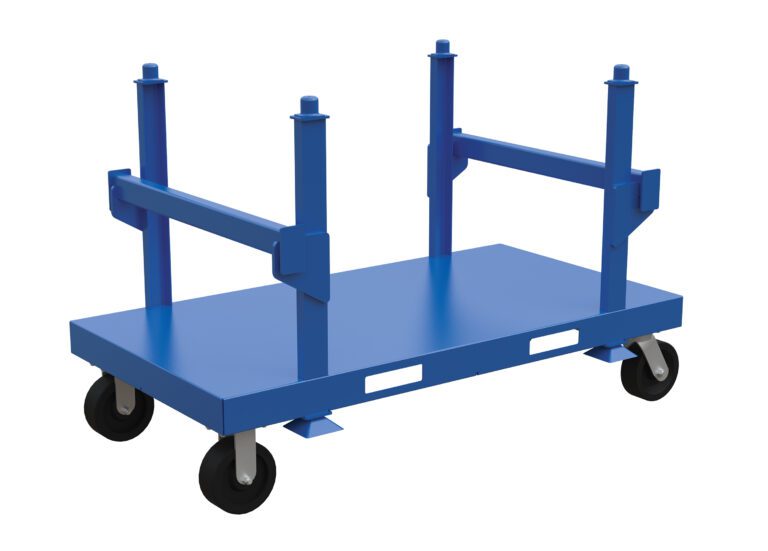 The blue Vestil Heavy Duty Stackable Material Cart is a four-wheeled platform with vertical corner supports and a flat rectangular surface, ideal for efficient transport in industrial or warehouse environments.