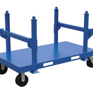 The blue Vestil Heavy Duty Stackable Material Cart is a four-wheeled platform with vertical corner supports and a flat rectangular surface, ideal for efficient transport in industrial or warehouse environments.
