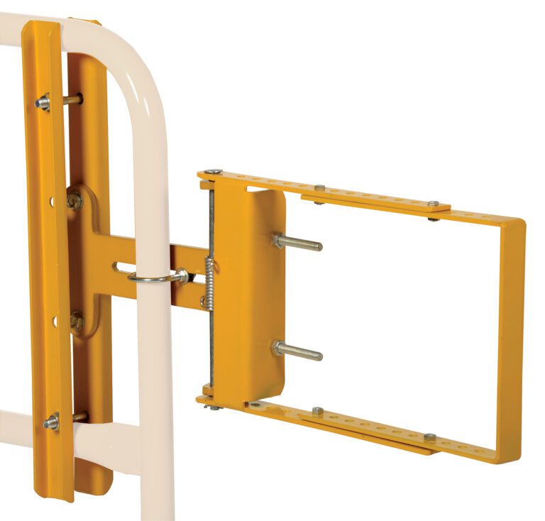SPG-26-Y_A.jpg A yellow and white metal bracket, similar to the Vestil Yellow Self-Closing Gate 16 To 26 In, features multiple bolt holes and is mounted on a white frame, perfect for attaching equipment or supporting structures.