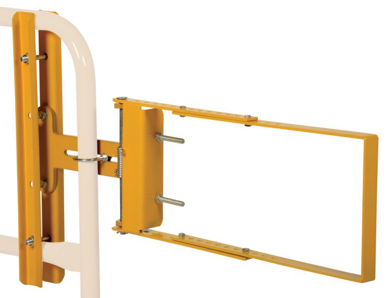 A yellow metal adjustable bracket, similar to the Vestil Yellow Self-Closing Gate 24 To 40 In, is mounted on a white pole. It features multiple screw holes and a rectangular frame extending outward, designed for secure support or mounting of objects.
