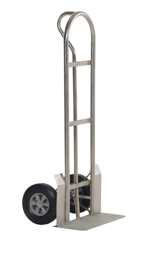 SPHT-500-HD-SS-HR_A.jpg The Vestil Ss P Handle Truck 600 Lb Hard Rubber offers a lightweight, durable design with a sturdy frame and hard rubber wheels. Its 600 lb capacity and vertical handle make it ideal for easily transporting boxes or heavy objects.