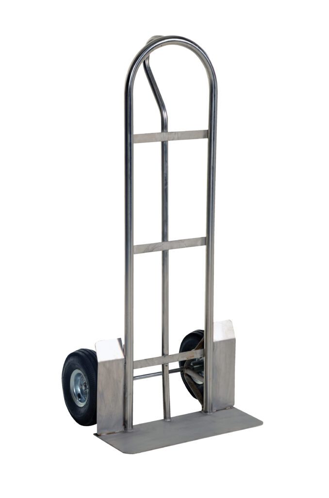 SPHT-500-HD-SS_A.jpg The Vestil Ss P Handle Truck-600Lb Pneumatic Wheels boasts a silver metal frame, curved handle, and durable pneumatic wheels. Its flat base is perfect for transporting heavy items, making it ideal for moving boxes or furniture effortlessly with its sturdy design.