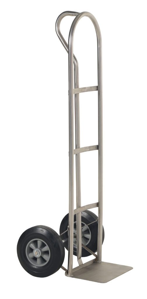 SPHT-500-SS-HR_A.jpg The Vestil P-Handle Truck 500 Lb Hard Rubber Wheels offers easy maneuverability with its curved handle, features two large black hard rubber wheels, and supports up to 500 lbs on a flat loading base.