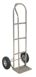 The Vestil Ss P-Handle Truck 500Lb Pneumatic Wheels is a silver metal hand truck with two large pneumatic rubber wheels, featuring a vertical frame with horizontal supports and a flat loading base, effortlessly supporting up to 500 lbs.