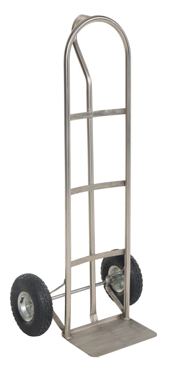 SPHT-500-SS_A.jpg The Vestil Ss P-Handle Truck 500Lb Pneumatic Wheels is a silver metal hand truck with two large pneumatic rubber wheels, featuring a vertical frame with horizontal supports and a flat loading base, effortlessly supporting up to 500 lbs.