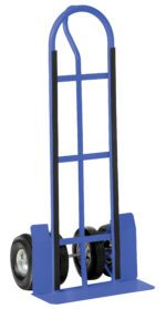 The Vestil Steel P-Handle Truck 600 Lb Dual Wheels sports a blue design with a curved handle and dual wheels, supports up to 600 lbs, has a flat base for loading, and vertical bars for support. It stands upright against a white background for versatile use.