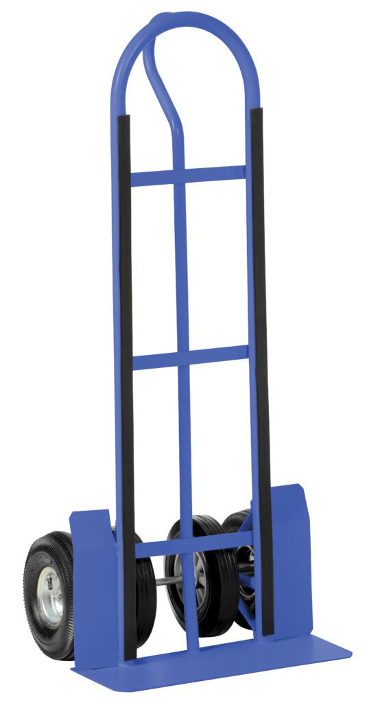SPHT-500S-DW_A.jpg The Vestil Steel P-Handle Truck 600 Lb Dual Wheels sports a blue design with a curved handle and dual wheels, supports up to 600 lbs, has a flat base for loading, and vertical bars for support. It stands upright against a white background for versatile use.