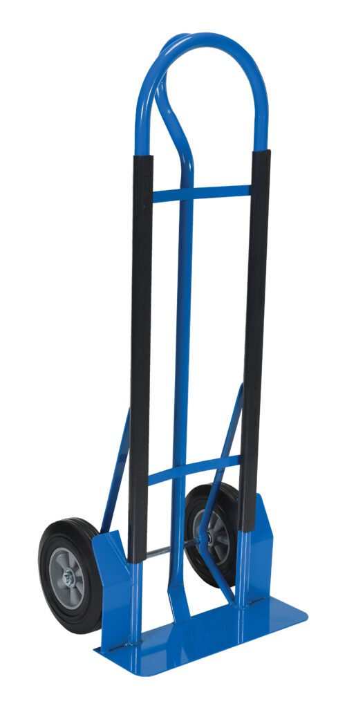 SPHT-500S-HD-HR_A.jpg The Vestil HD P-Handle Truck 600 Lb Hard Rubber features a blue frame with two wheels and a flat base, allowing effortless lifting of up to 600 lb. With black grips and hard rubber tires, it ensures easy handling and stability for moving heavy items.