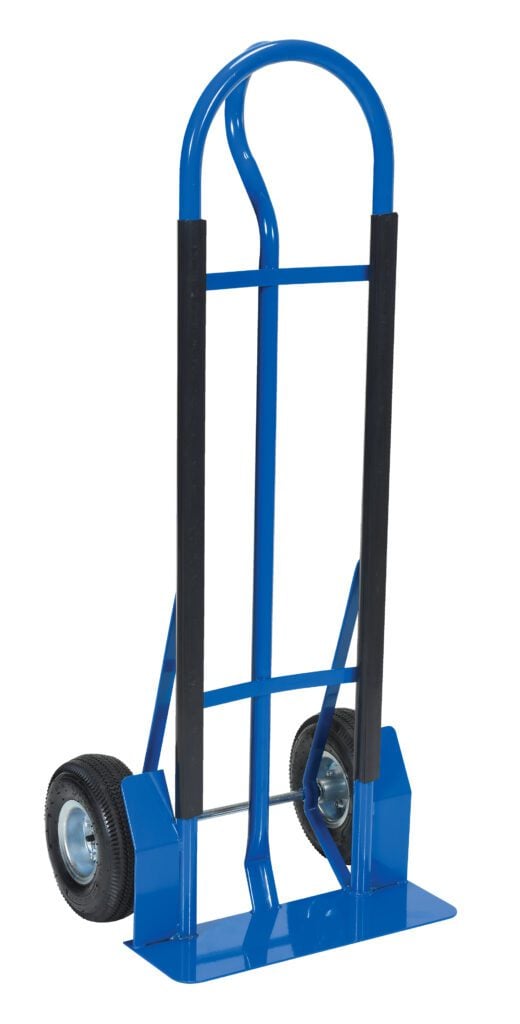 SPHT-500S-HD_A.jpg The Vestil Hd Steel P-Handle Truck 600 Lb Pneumatic is a durable hand truck with a blue frame, dual black handles, and strong pneumatic wheels, designed for transporting up to 600 lbs effortlessly.