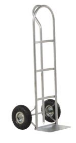 The Vestil Steel P-Handle Truck 500 Lb Pneumatic has a utilitarian design with two black rubber wheels, a vertical handle, and a flat loading base. Its durable and perfect for heavy items with its robust build that can transport up to 500 lbs using pneumatic tires.