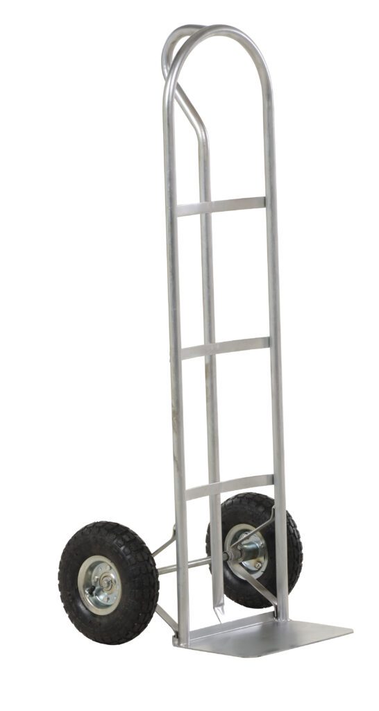 The Vestil Steel P-Handle Truck 500 Lb Pneumatic has a utilitarian design with two black rubber wheels, a vertical handle, and a flat loading base. Its durable and perfect for heavy items with its robust build that can transport up to 500 lbs using pneumatic tires.