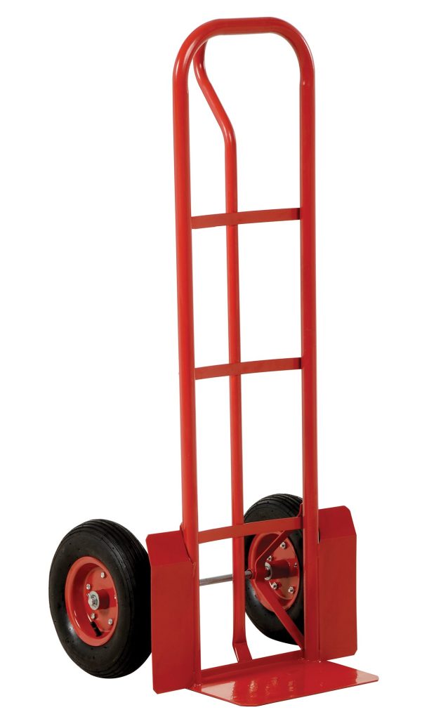 SPHT-600S-IND_A.jpg The Vestil Steel P-Handle Truck 600 Lb Pneumatic comes in red, featuring two black pneumatic wheels, a strong frame, and a flat base for lifting and transporting items. It has visible vertical bars and a handle, supporting up to 600 lbs effortlessly.