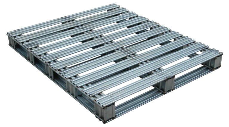 SPL-4048_A.jpg The Vestil Galvanized Finished Steel Pallet 40 X 48 is designed for industrial use with its sturdy silver metal grid structure featuring evenly spaced bars and an elevated design for forklift access.
