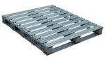 The Vestil Galvanized Finished Steel Pallet 42 X 48 has a grid-like open design with parallel and perpendicular metal bars, ideal for supporting and transporting heavy items. Its sleek, reflective metallic finish makes it perfect for industrial use.