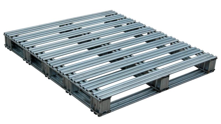 The Vestil Galvanized Finished Steel Pallet 42 X 48 has a grid-like open design with parallel and perpendicular metal bars, ideal for supporting and transporting heavy items. Its sleek, reflective metallic finish makes it perfect for industrial use.