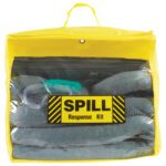 The MH-USA 5 Gallon Zipper Bag Spill Kit, with a clear-front yellow bag labeled SPILL Response Kit on a striped background, shows its absorbent materials and safety goggles inside. It also has a top handle for easy transport.