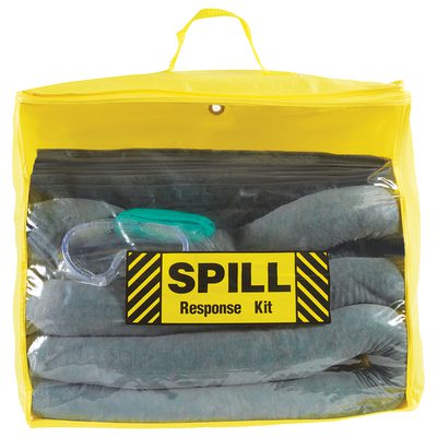 SPLKIT100.jpg The MH-USA 5 Gallon Zipper Bag Spill Kit, with a clear-front yellow bag labeled SPILL Response Kit on a striped background, shows its absorbent materials and safety goggles inside. It also has a top handle for easy transport.