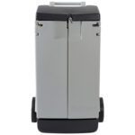 The MH-USA 25 Gallon Mobile Cart Spill Kit includes a gray cart with dual vertical doors, a black top, large wheels for mobility, and a top handle. A sturdy latch is between the doors.