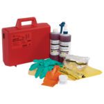 The MH-USA 1 Gallon Battery Acid Spill Kit in Plastic Case, including two Spillytizer bottles, green gloves, safety goggles, a brush, a yellow caution sign, and a small white container, rests on a white surface.