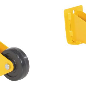 Two Vestil Step components, featuring yellow gate wheels with black rubber tires and metal brackets, are designed for easy installation and retrofit. Each wheel offers a mounting hole for enhanced portability. Displayed on a white background, they are ideal for nestable systems.