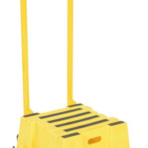 The Vestil Step Poly 1 Step Stool in bright yellow includes a tall handlebar, a textured surface with black non-slip strips, and a convenient cutout for easy carrying. Its sturdy base ensures its safe and perfect for various tasks.