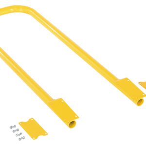 Yellow metal safety gate hinge with an arched top and flat attachment plates for seamless installation with Vestil Step Poly Nestable 1 Yl Handrail Retrofit. Includes screws and small rectangular plates, all laid out on a white background.
