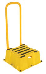 The yellow Vestil Step Poly Nestable 1 Step stool has a tall handle for stability, black non-slip strips on top for safety, and a side cut-out handle for easy portability.