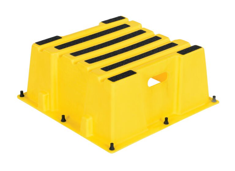 SPN-1-YL_A.jpg The Vestil Step Poly Nestable 1 Step Yl is a vivid yellow plastic stool with five black rubber strips for grip, a side hole for easy transport, and stable black rubber feet at each corner.