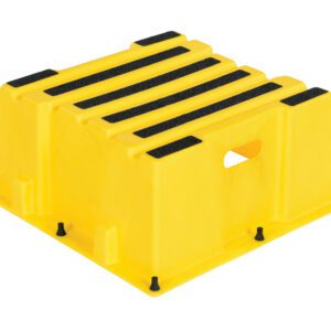 The Vestil Step Poly Nestable 1 Step Yl is a vivid yellow plastic stool with five black rubber strips for grip, a side hole for easy transport, and stable black rubber feet at each corner.