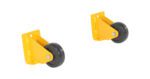 Two yellow swivel casters from the Vestil Step Poly Nestable series with black wheels are set against a white background. Each caster has a bracket with a mounting hole and a bolt for the wheel, facilitating easy portability and retrofit solutions.