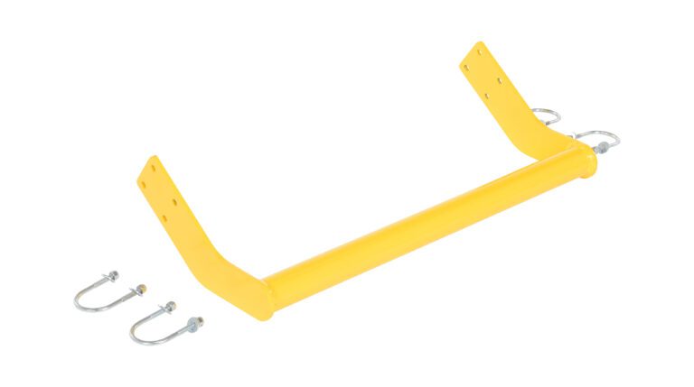The Vestil Step Poly Nestable 2Yl Backrail Retrofit includes two angled arms and a cylindrical bar, ideal for backrail projects. It comes with two U-shaped metal clamps and screws for secure attachment, all set against a white background.