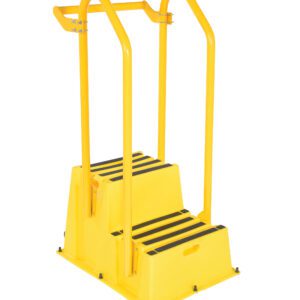 The Vestil Step Poly Nest 2 has a bright yellow color and features two steps with black anti-slip strips. Equipped with hand and back rails for stability, this ladder against a white background exudes safety and functionality.