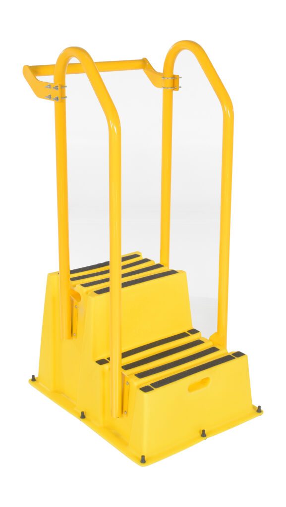 SPN-2-YL-HR-BR_A.jpg The Vestil Step Poly Nestable 2 Step Yl W/Hand&Back Rails ladder is yellow and durable, featuring black non-slip strips on each step. Designed for industrial or mechanical use, it includes hand and back rails for added safety.