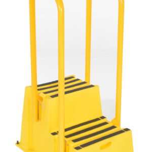 The Vestil Step Poly Nestable 2 Step Yl W/Hand&Back Rails ladder is yellow and durable, featuring black non-slip strips on each step. Designed for industrial or mechanical use, it includes hand and back rails for added safety.