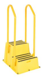 The Vestil Step Poly Nestable 2 Step Yl W/Handrails Port is bright yellow, features two handrails and black non-slip strips for easy access, and includes a side handle for portability, making it ideal for elevation needs.