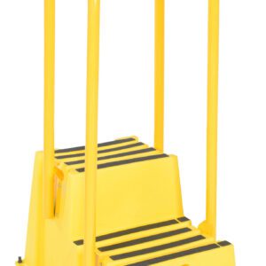 The Vestil Step Poly Nestable 2 Step Yl W/Handrails Port is bright yellow, features two handrails and black non-slip strips for easy access, and includes a side handle for portability, making it ideal for elevation needs.