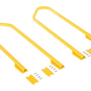 Two yellow metal U-shaped bars with mounting plates and screws lie separately on a white background, mimicking components of the Vestil Step Poly Nestable 2 Yl Handrail Retrofit collection.