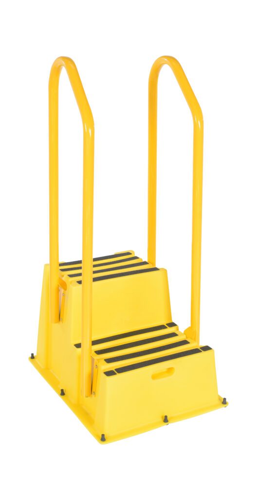 The Vestil Step Poly Nestable 2 Step Yl W/Handrails ladder, in vibrant yellow, features black non-slip treads and sturdy handrails on both sides. Designed for stability and safety, it is ideal for versatile indoor and outdoor use.