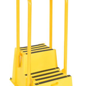 The Vestil Step Poly Nestable 2 Step Yl W/Handrails ladder, in vibrant yellow, features black non-slip treads and sturdy handrails on both sides. Designed for stability and safety, it is ideal for versatile indoor and outdoor use.