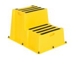 The Vestil Step Poly Nestable 2 Step Yl is a yellow plastic two-step stair block with black anti-slip strips, side handles, and a wide base with stabilizing supports for enhanced safety and convenience.