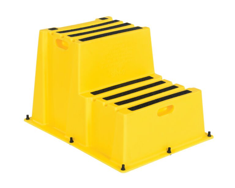 SPN-2-YL_A.jpg The Vestil Step Poly Nestable 2 Step Yl is a yellow plastic two-step stair block with black anti-slip strips, side handles, and a wide base with stabilizing supports for enhanced safety and convenience.