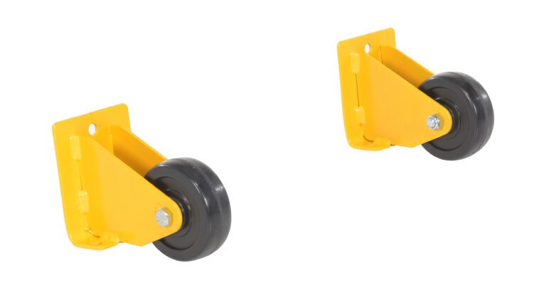SPN-3-PO-RF_A.jpg Two black industrial caster wheels with yellow metal brackets on a white background, each mounted on a triangular bracket with an attachment hole, enhance portability for easy Vestil Step Poly Nestable 3 Yl Portability Retrofit applications.
