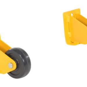 Two black industrial caster wheels with yellow metal brackets on a white background, each mounted on a triangular bracket with an attachment hole, enhance portability for easy Vestil Step Poly Nestable 3 Yl Portability Retrofit applications.