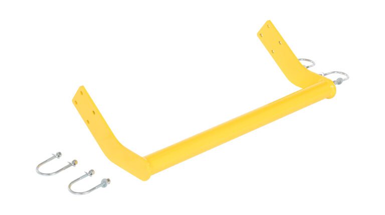 The Vestil Step Poly Nestable 3Yl Backrail Retrofit includes a yellow metal bracket with a cylindrical crossbar and flanged ends with holes. It comes with two U-shaped bolts and nuts, perfect for mounting. Efficiently designed for storage, its isolated on a white background.