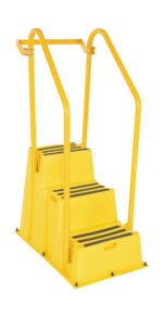 The Vestil Step Poly Nest 3Step ladder features a bright yellow frame, three non-slip black-striped steps, strong side rails for support, and a broad base for stability, making it perfect for industrial tasks.
