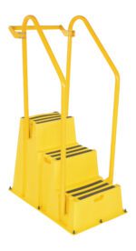 The Vestil Step Poly Nest 3Step Yl features yellow industrial safety steps with four wide, non-slip treads and handrails on both sides for secure access, making it perfect for workplace use.