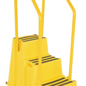The Vestil Step Poly Nest 3Step Yl features yellow industrial safety steps with four wide, non-slip treads and handrails on both sides for secure access, making it perfect for workplace use.