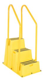 The Vestil Step Poly Nestable 3 Step Yl W/Handrails Port is bright yellow with wide steps, black anti-slip treads, and two tall curved handrails for extra support, ensuring practicality and portability.